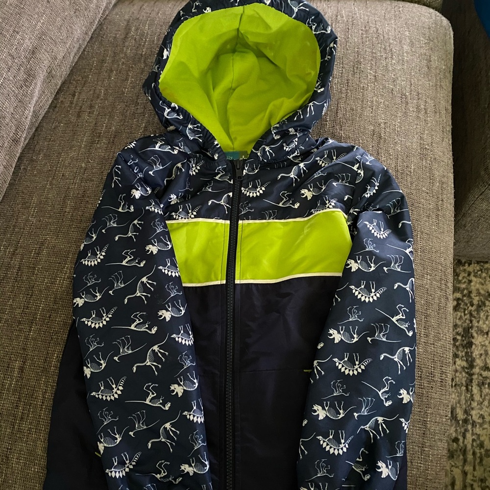 Lily & Dan dinosaur bones rain coat navy and bright green for visibility